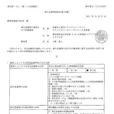 「多血小板血漿を用いた男性機能の改善」治療の提供計画書